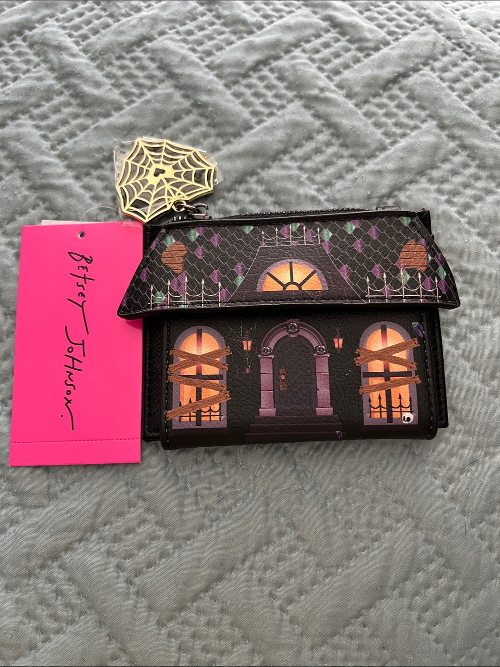 Betsey Johnson Boo Breakfast Wallet lwith Purple & Orange Haunted House Accent